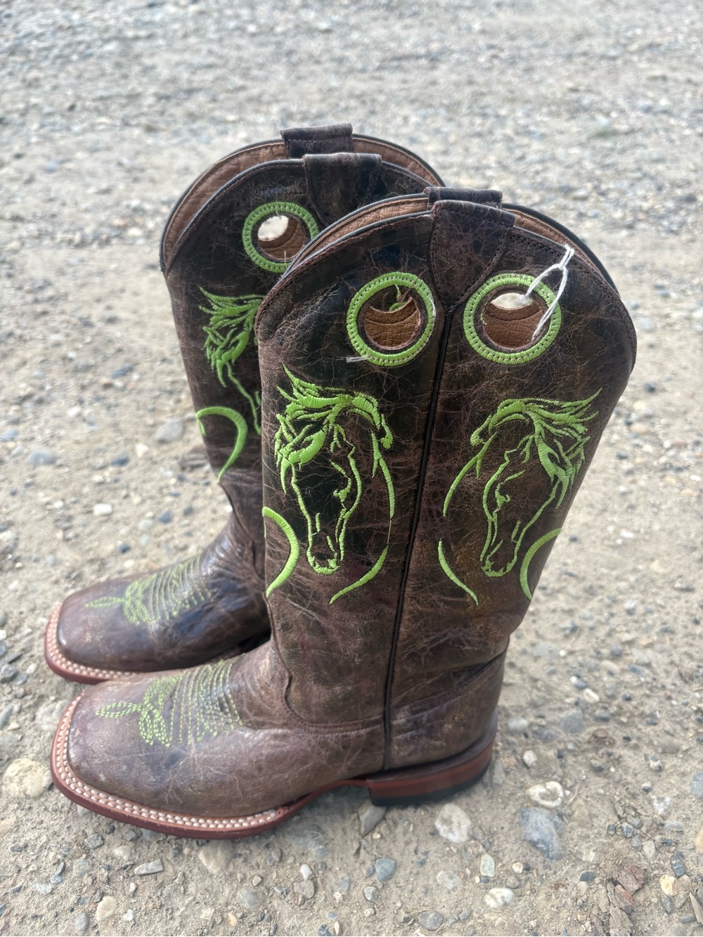 Brown Leather Western Ankle Boots with Green Horse Embroidery